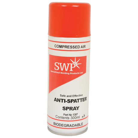 A can of Sparex Welding Spray - Anti Spatter, 300ml (Sparex Part No. S.26209) with an orange cap. The label indicates it is biodegradable and uses compressed air. This solvent-free spray ensures efficient weld spatter prevention for a cleaner workspace.