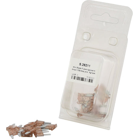 A package labeled "Mini Blade Fuses Agripak 5.0 Amps 10 pcs. Agripak | Sparex Part No.S.26211" is displayed, with some fuses outside the package next to it. The light brown Sparex packaging contrasts with the small, predominantly transparent fuses that have blue elements inside.