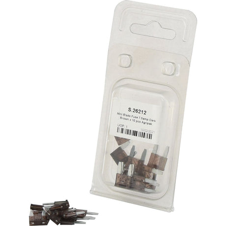 A package of Sparex mini blade fuses, identified as "Mini Blade Fuses 7.5 Amps 10 pcs. Agripak" with Part No. S.26212, contains ten dark brown fuses inside, with a few scattered out of the package on a white surface.