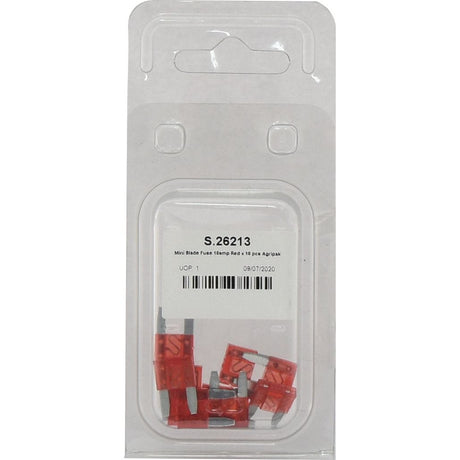 A package of Sparex Mini Blade Fuses Agripak, labeled "S.26213" and containing 10 red 10 amp fuses, is shown inside a clear plastic package with a white backing, including a barcode and a date of 09/07/2020.