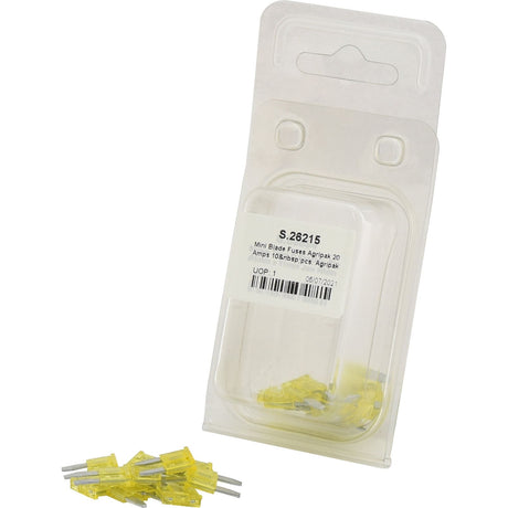 Package of Sparex Mini Blade Fuses Agripak 20 Amps 10 pcs. with yellow fuses partially visible and several 20 Amps yellow fuses displayed outside the package. Product label shows specifications and item number "Sparex Part No.S.26215".