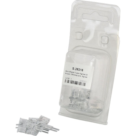 A package labeled Mini Blade Fuses Agripak 25 Amps 10 pcs. Agripak | Sparex Part No.S.26216, containing multiple mini blade fuses, in transparent plastic packaging with several fuses displayed outside the pack.