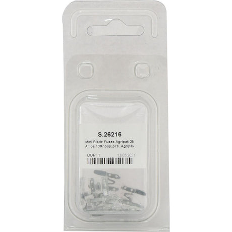 White clear plastic packaging containing mini blade fuses labeled "Mini Blade Fuses Agripak 25 Amps 10 pcs. Agripak | Sparex Part No.S.26216" from Sparex.