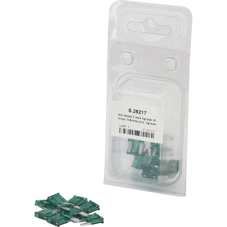 A pack of green mini blade fuses and extra loose fuses are placed in front of the packaging. The label on the packaging reads "Sparex S.26217 Mini Blade Fuses Agripak 30 Amps, 10 pcs, Agripak.