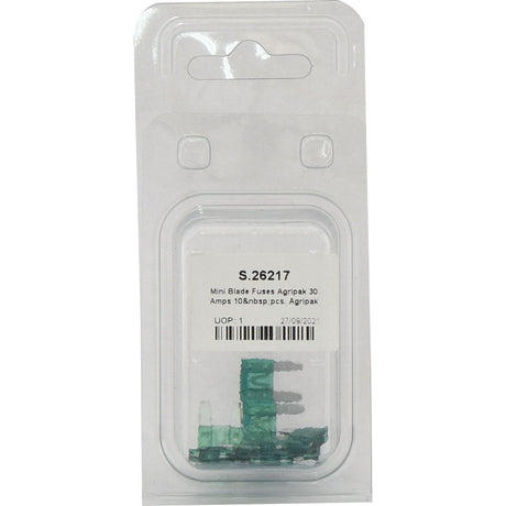 Pack of green mini blade fuses in a clear plastic clamshell packaging with a product label stating "Mini Blade Fuses Agripak 30 Amps 10 pcs. Agripak | Sparex Part No.S.26217.