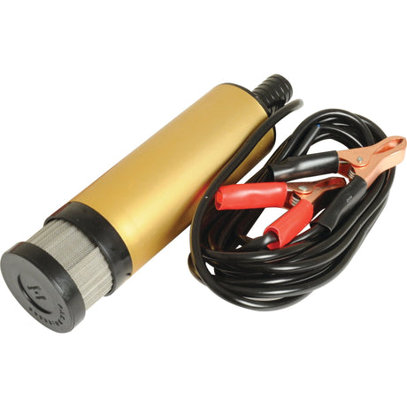 A Sparex Submersible Pump (12V) - S.26237 featuring an attached black cable and red and black battery clips.