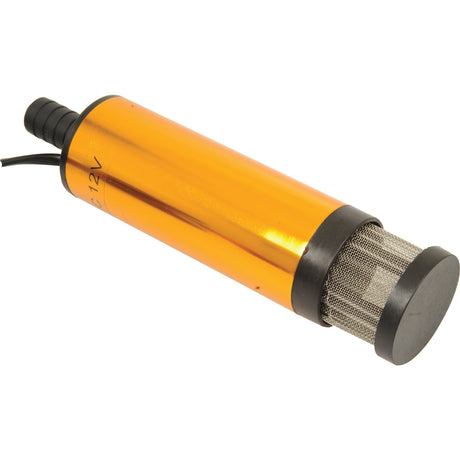 Introducing the Sparex Submersible Pump (12V) - S.26237, a cylindrical orange electric fuel pump featuring a convenient black attachment on one end and a durable mesh filter cover on the other, perfect for diesel refuelling.