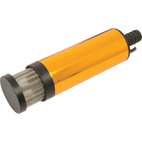 A cylindrical orange and black metal mesh filter, known as the Submersible Pump (12V) - S.26237 by Sparex, featuring a nozzle attachment on one end, often used alongside diesel refuelling systems.