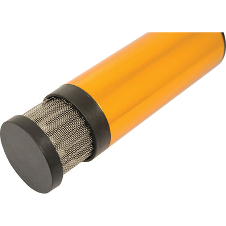 Close-up of a Sparex Submersible Pump (12V) - S.26237 showcasing its cylindrical yellow body, black cap, and durable metal mesh screen, complete with integrated battery clips.