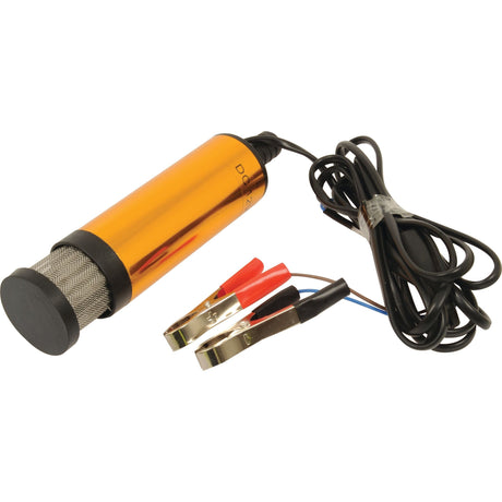 The Sparex Submersible Pump (12V) - S.26237 is an orange cylindrical device equipped with an attached black cable and two battery clips, one red and one black.