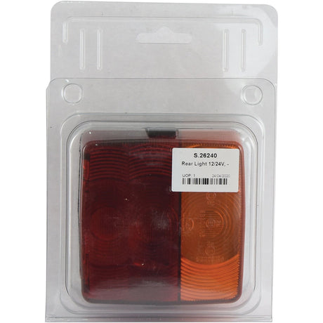 A packaged Halogen Rear Light 12/24V from the brand Sparex, labeled "S.26240," features a vibrant red and orange design encased in durable, transparent polycarbonate lens material.