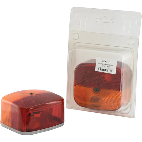 Image of a halogen rear light for vehicles. One light is loose, and the other is in its packaging, labeled "S.26242" by Sparex. The Halogen Rear Light 12/24V, RH features a durable polycarbonate lens that is rectangular with red and orange sections.