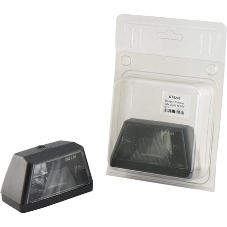 The Sparex Halogen Number Plate Light 12/24V - S.26246, featuring a black rectangular design and an E Approved polycarbonate lens, is displayed both outside and inside a clear plastic package on a white background.