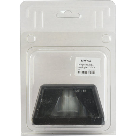 A Sparex Halogen Number Plate Light with item number "S.26246" and specifications "12/24V" comes packaged in clear plastic, featuring a polycarbonate lens and a white label displaying the pertinent details.