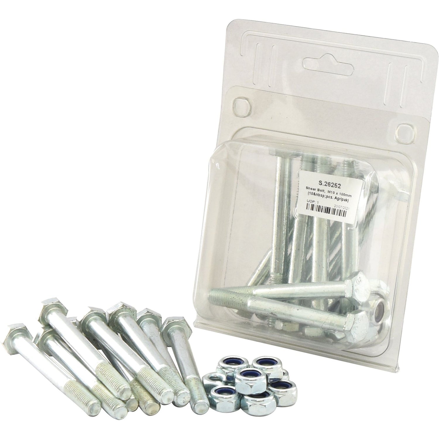 A clear plastic package labeled "Shear Bolt, M10x100mm (10 pcs. Agripak)" from Sparex, containing Metric bolts and nuts with some placed in front of the packaging, boasting a tensile strength of 10.9 for superior durability.