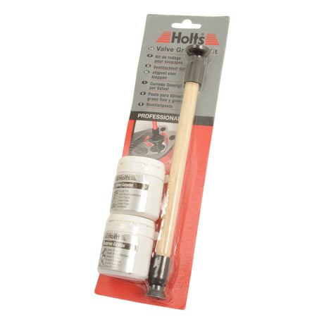 A Sparex Valve Grinding Kit, featuring a wooden-handled tool and two white jars of Valve Grinding Paste with both coarse and fine grade compounds (Sparex Part No. S.26254), is packaged in a gray and red cardboard backing.