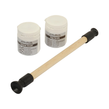 The Sparex Valve Grinding Paste (Part No. S.26254) set includes two jars containing coarse and fine grade compounds for precise application, with a suction tool positioned between them, designed to enhance engine performance.