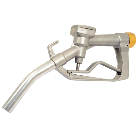 This image features the Sparex Gravity Swivel Hose Gun with a 1'' BSP Female connector (Part No. S.26259), a metallic fuel nozzle with a yellow cap and curved spout, commonly used for dispensing gasoline or diesel.