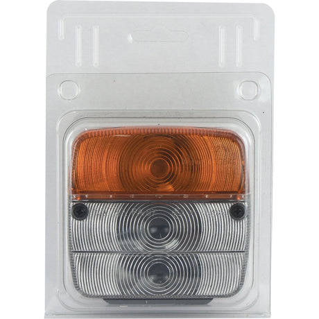 The Sparex Front Combination Light (Halogen), 12V, RH & LH, Straight (Sparex Part No. S.26263) is a rectangular vehicle tail light with an amber top section and a clear bottom section, designed to house a 12V halogen bulb.