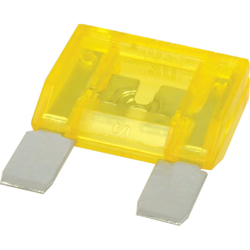 A yellow Maxi Blade Fuse rated at 20 amps with two metal prongs for electrical connection, typically used in vehicles to protect electrical circuits. (Sparex Part No.S.26301, Brand: Sparex)