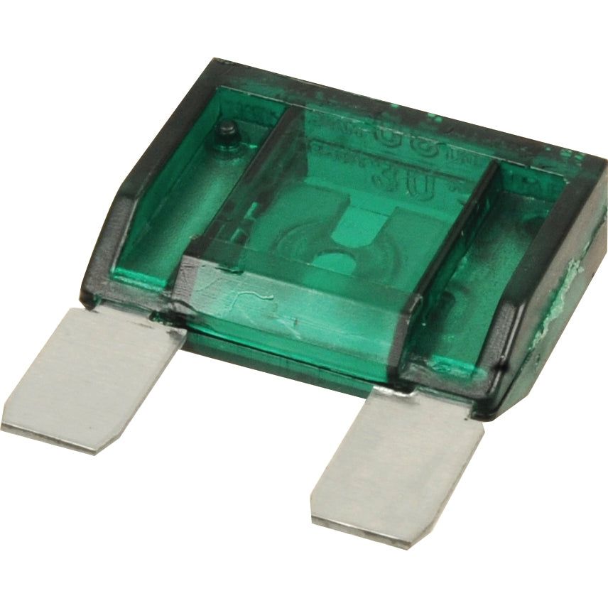 Close-up of a green Maxi Blade Fuse, 30 Amps (Sparex Part No.S.26302) by Sparex with two visible metal prongs, indicating it is designed for electronic circuit protection.