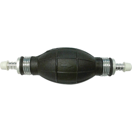 A Sparex Hand Primer with Non Return Valves, 8mm (Economy) | Sparex Part No.S.26309, is a black rubber hand primer bulb with metal fittings on both ends. It features a ribbed surface, an 8mm diameter, a non-return valve, and an arrow indicating the direction of fuel flow.