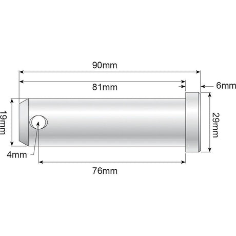 Technical drawing of a cylindrical object with various dimensions labeled, including 76mm length, 19mm diameter, and details like a 4mm hole and a 6mm end cap thickness. Labeled as Loader pin 19x76mm Cat.1 - S.2630 by Sparex, the diagram provides precise measurements for clarity.