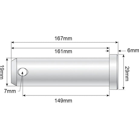 Technical drawing of a cylindrical object with dimensions: length 167mm, diameter 29mm, featuring a 7mm hole. Additional measurements for sections at 161mm, 149mm, and 6mm are included. This Loader pin adheres to Sparex specifications with precision detail under the product name "Loader pin 19x149mm Cat.1 - S.2632.