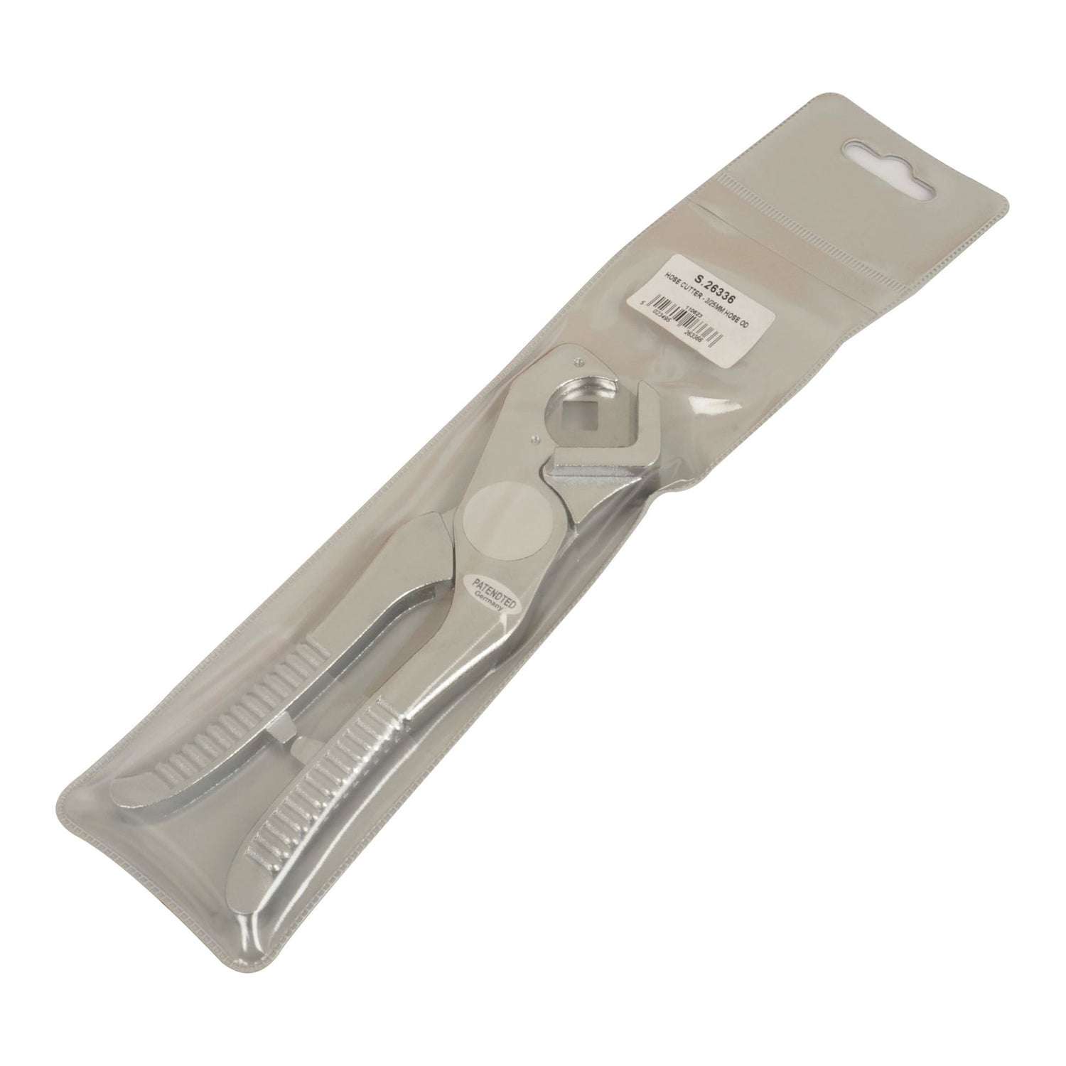 A Sparex Hose Cutter (Heavy Duty), also designed as a pair of silver pliers made for cutting plastic and rubber hoses, packaged in clear plastic with a hanging tab and featuring a white barcode label, identified as Sparex Part No. S.26336.