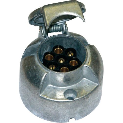 The Sparex 7 Pin Trailer Socket Female with Spade Connectors (Metal) 12v, identified as Sparex Part No. S.26341, is a round metal electrical socket featuring seven circular pins and a hinged protective cover.