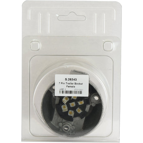 The Sparex 7 Pin Trailer Socket Female (Part No. S.26343) is a 12V socket enclosed in a black plastic casing, featuring metal spade connectors and packaged in clear plastic with a white label displaying product details.