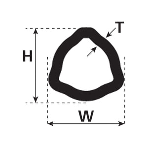 A diagram of a rubber seal cross-section showing dimensions: height (H), width (W), and thickness (T), with arrows indicating measurements, much like the precision found in custom parts from Sparex's Rilsan® Coated PTO Tube - Triangle Profile, Length: 1M (12518) - S.26348.