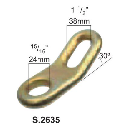 Image of a Sparex Stabiliser Plate labeled "S.2635" with dimensions: length 1 1/2" (38mm), width 15/16" (24mm), and a Hole Ø23 angle.