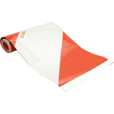 A partially unrolled roll of Sparex Red and White Reflector Tape, featuring a diagonal stripe pattern, from the Agripak 2-piece set (Sparex Part No. S.26400).