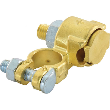 The Sparex Battery Terminal (Standard Duty) Positive, Sparex Part No. S.26410, is a brass battery terminal connector that includes bolts for attaching and securing cables. It features a circular clamp design and metallic bolts.