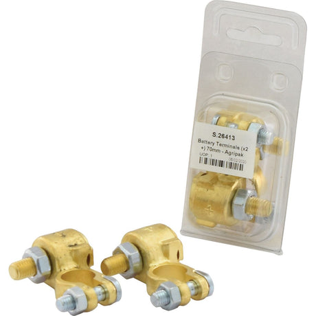 Packaged set of two standard-duty, gold-colored battery terminal clamps (positive) with bolts, featuring Sparex branding and identified as Sparex Part No. S.26413 from the Agripak line.