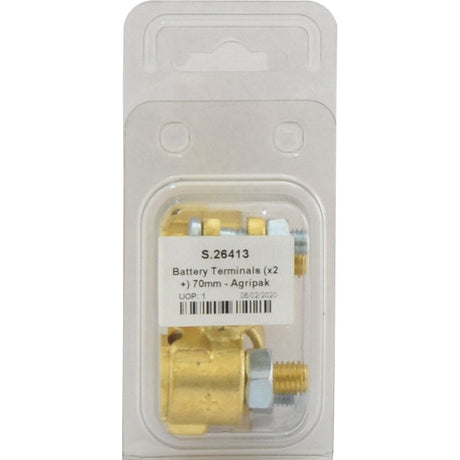 The plastic packaging contains two brass battery terminals, labeled "Battery Terminal (Standard Duty) Positive (Agripak 2 pcs.) | Sparex Part No. S.26413" with the date "06/08/2020." Ideal for cable Ø, these terminals are part of the Sparex collection.