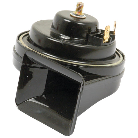 The Horn (Agripak 1 pc.) | Sparex Part No. S.26416 is a black 12V horn with a square-shaped outlet and metal connectors, ideal for Sparex or Agripak machinery.