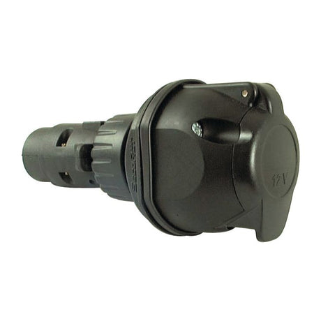 Close-up of a black Plug and Socket Reducer 24V/12V with a round, rugged design and a cover flap. Suitable for Sparex applications, this versatile connector also features compatibility with both 24V and 12V systems.