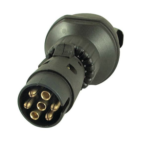 The Sparex Plug and Socket Reducer 24V/12V (Part No.S.26426) is a black, round electrical connector featuring seven brass pins, commonly used for automotive or trailer connections and compatible with both 24V and 12V systems.