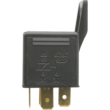 Close-up of a black Mini Relay 12V, 25A (Sparex Part No. S.26430) with five labeled terminals: 85, 86, 87, 87a, and 30. The relay has metal prongs for electrical connections, making it an ideal Ford/New Holland replacement part from Sparex.