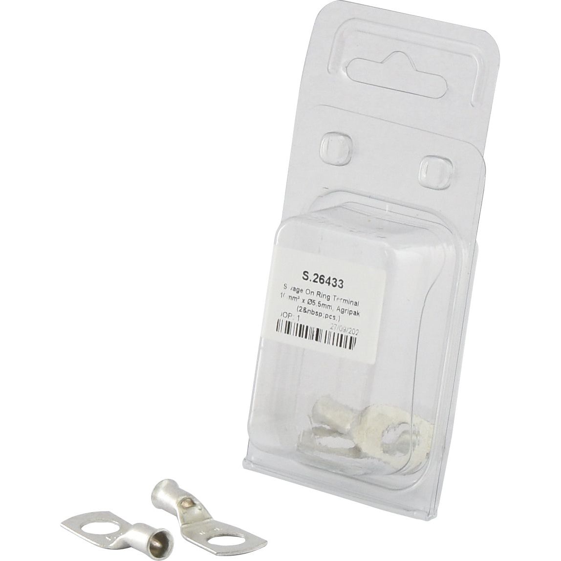 Two metal ring terminals are shown, with a clear plastic package containing more terminals in the background. The package, labeled Sparex, shows the printed text "Swage On Ring Terminal 16mm² x Ø5.5mm, Agripak (2 pcs.) | Sparex Part No.S.26433" and a barcode.
