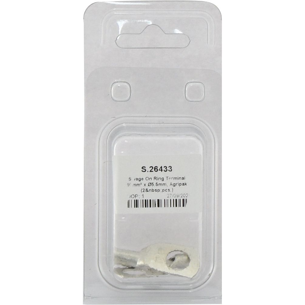 Clear plastic packaging containing two sealed Swage On Ring Terminals labeled "S.26433," suitable for a cable cross-section of 16 mm² and featuring a 5.5mm diameter hole, Agripak by Sparex.