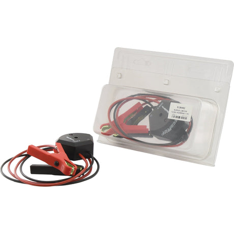 A coiled set of red and black jumper cables with a black rectangular device, placed next to a transparent plastic package containing Sparex's SURGE LIMITER 12/24V AGRIPAK (Sparex Part No. S.26452).