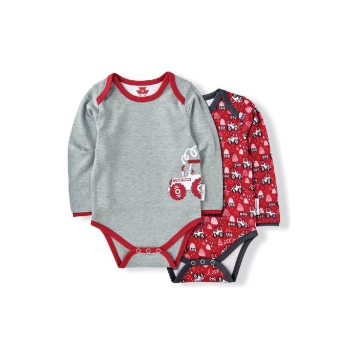 The Massey Ferguson Baby Bodysuits (2 Pack) by AGCO includes two adorable options: one bodysuit is grey with red trim and a cute tractor design, while the other is red adorned with white and blue tractor patterns. Both bodysuits are crafted from soft organic cotton.