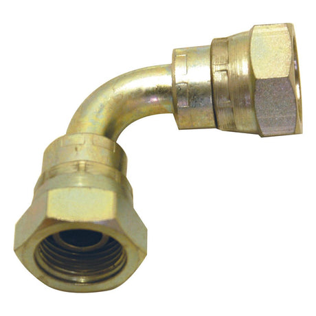 The Sparex Hydraulic Adaptor 1/2'' BSP Swivel Female x 1/2'' BSP Swivel Female 90° Swept Elbow, part number S.26523, is a brass fitting designed to connect two pipes at a right angle with threaded ends, making it an ideal hydraulic adaptor.