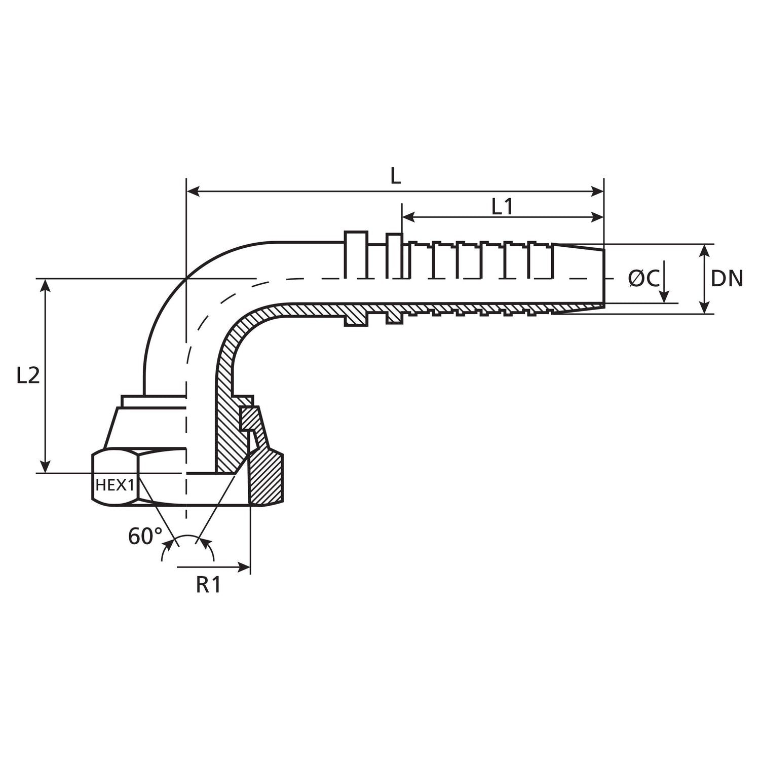 Technical drawing of the Dicsa BSP 60° Hose Insert 5/8'' x 3/4'' Female Thread 90° Swept Swivel (Sparex Part No. S.26542) with multiple dimensions labeled as L, L1, L2, R1, ØC, DN, and hex measurements from the Sparex brand.