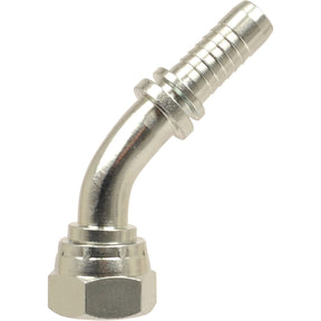 The Sparex Dicsa BSP 60° Hose Insert, featuring a 135-degree swept swivel with a 1/4'' x 3/8'' female thread, comes equipped with a threaded nut and ribbed end ideal for connecting hoses.