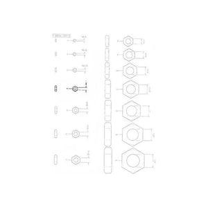 Technical drawing of various sizes of hex nuts and their dimensions, presented in a vertical sequence. Details include measurements for diameter, height, and thread specifications. Ideal for pairing with a threaded bolt or other industrial fasteners like the Massey Ferguson - Bolt 1/4 x 5/8 UNC (AGCO - 13005AF - 700707343).