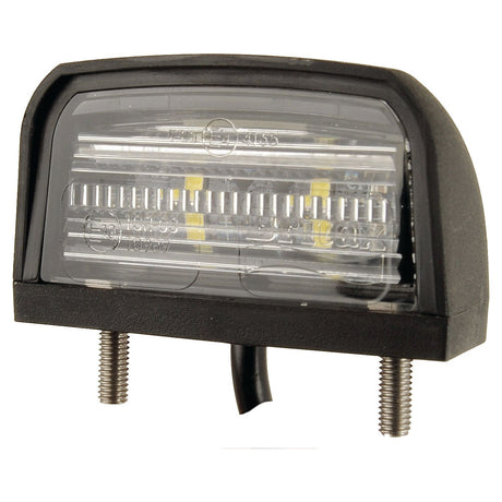 Close-up of the Sparex LED Number Plate Light, 12-24V (S.26604), featuring a rectangular design with a black frame, transparent cover, and dual mounting bolts below. Ideal for number plate illumination, its IP65 rating ensures it withstands harsh weather conditions.